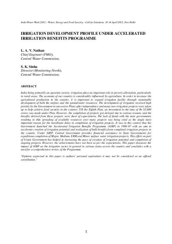 Irrigation Development Profile Under Accelerated Irrigation Benefits Programme