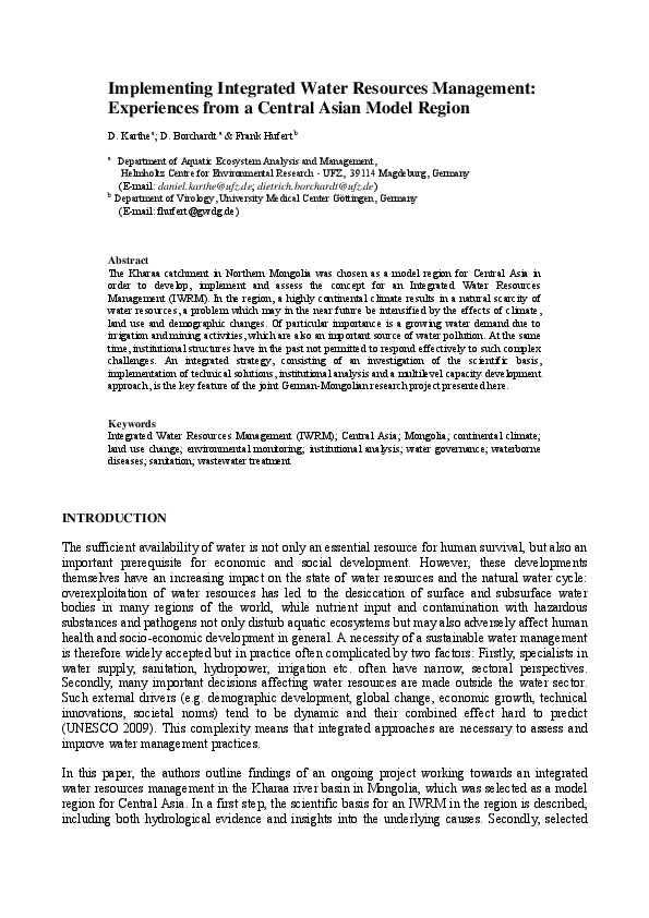 Implementing Integrated Water Resources Management: Experiences from a Central Asian Model Region