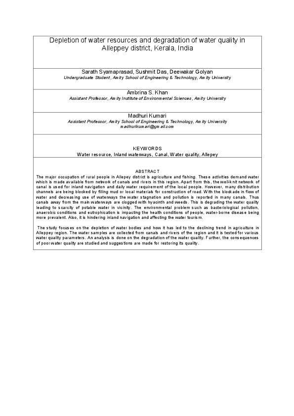 Depletion of water resources and degradation of water quality in Alleppey district, Kerala, India