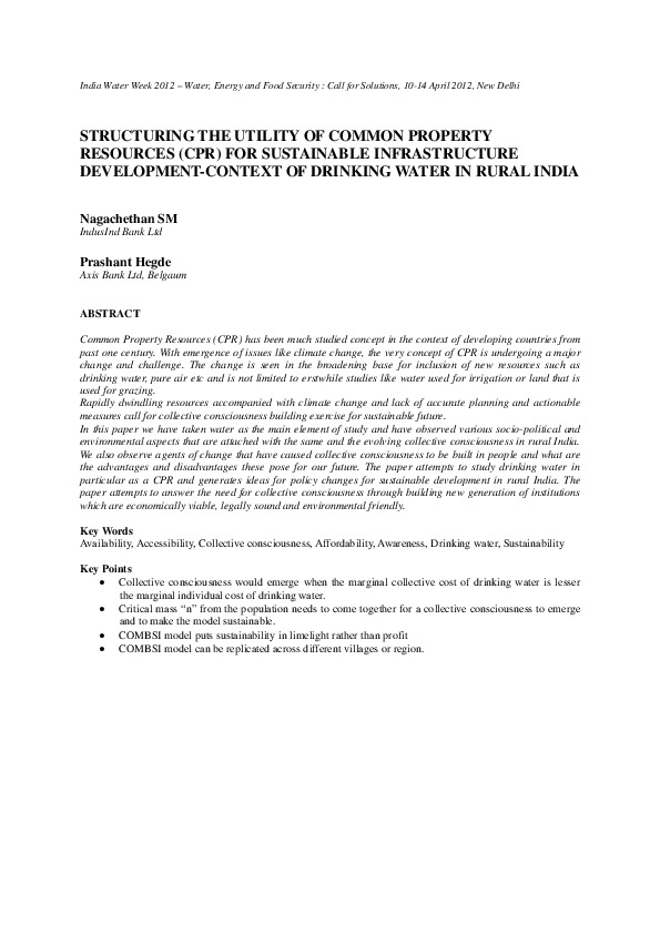 Structuring the Utility of Common Property Resources (CPR) for Sustainable Infrastructure Development - Context of Drinking Water in Rural India