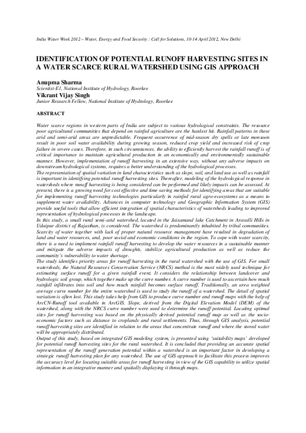 Identification of Potential Runoff Harvesting Sites in a Water Scarce Rural Watershed Using GIS Approach