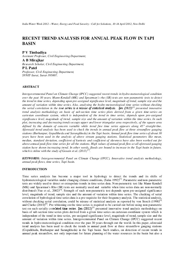 Recent Trend Analysis for Annual Peak Flow in Tapi Basin