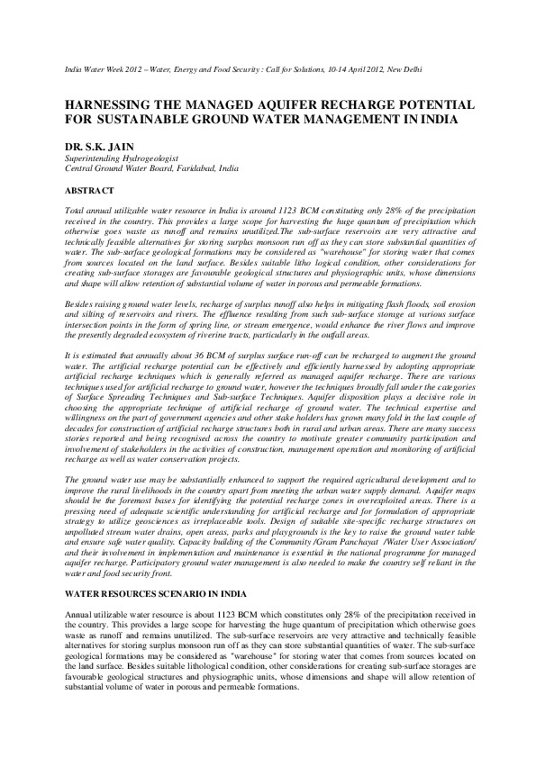 Harnessing the Managed Aquifer Recharge Potential for Sustainable Ground Water Management in India