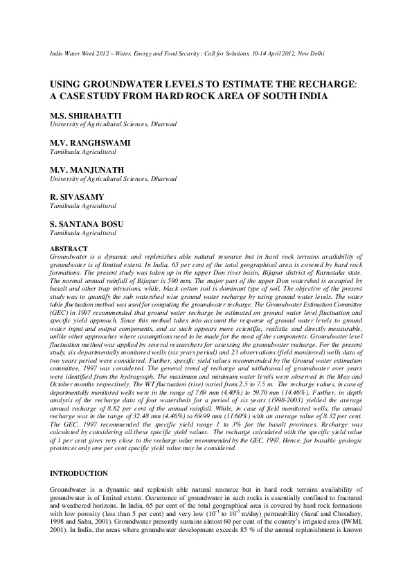 Using Groundwater Levels to Estimate the Recharge: A Case Study from Hard Rock Area of South India