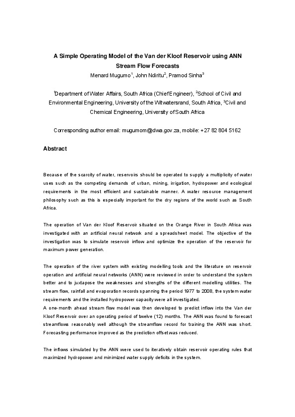 A Simple Operating Model of the Van der Kloof Reservoir using ANN Stream Flow Forecasts