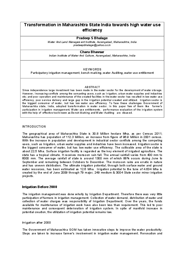 Transformation in Maharashtra State India towards high water use efficiency