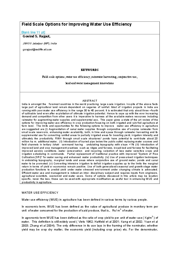 Field Scale Options for Improving Water Use Efficiency