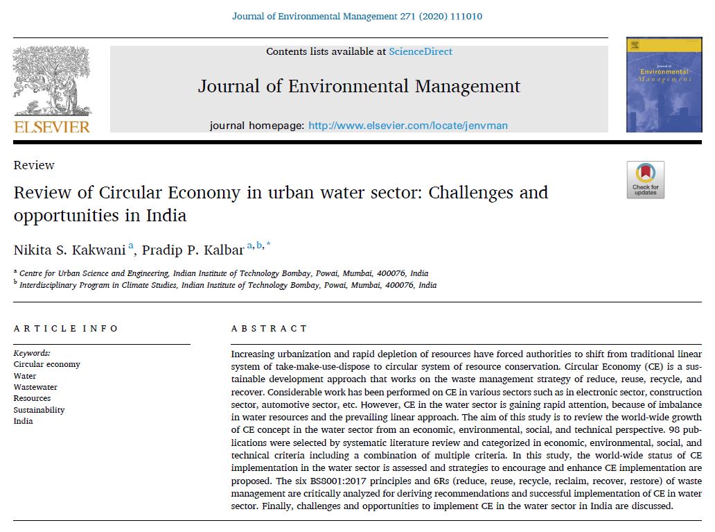 Excited to share link for an article on "Review of Circular Economy in the urban water sector: Challenges and opportunities in India" Nikita Kak...