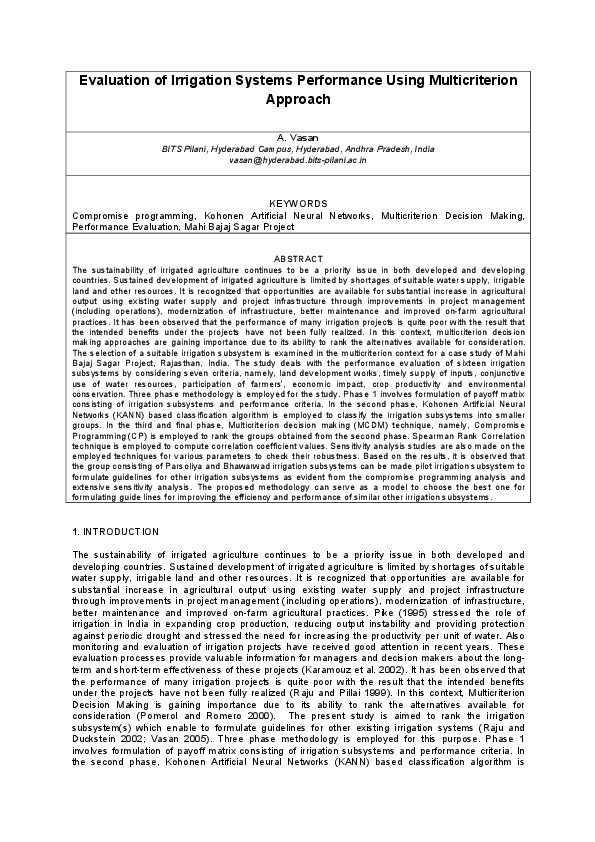 Evaluation of Irrigation Systems Performance Using Multicriterion Approach