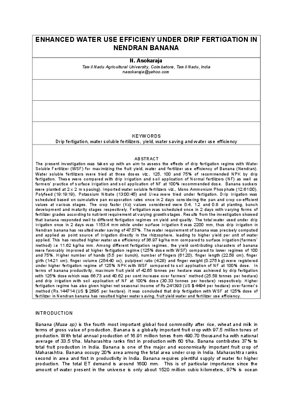 ENHANCED WATER USE EFFICIENY UNDER DRIP FERTIGATION IN NENDRAN BANANA