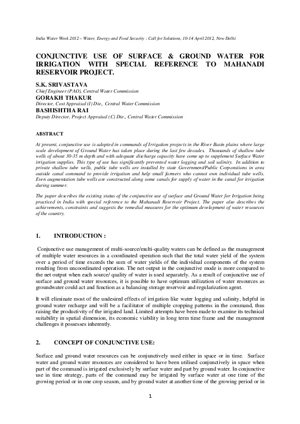 Conjunctive Use of Surface & Ground Water for Irrigation with Special Reference to Mahanadi Reservoir Project