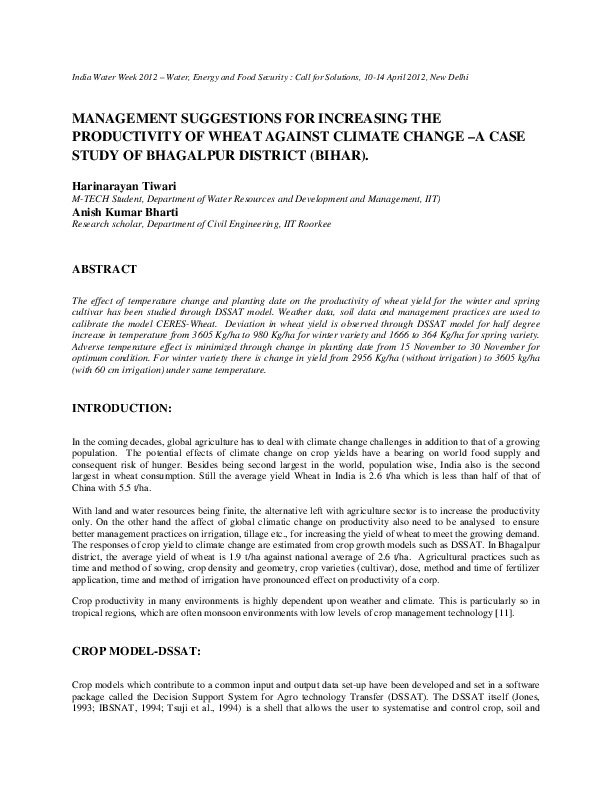 Management Suggestions for Increasing the Productivity of Wheat Against Climate Change - A Case Study of Bhagalpur District