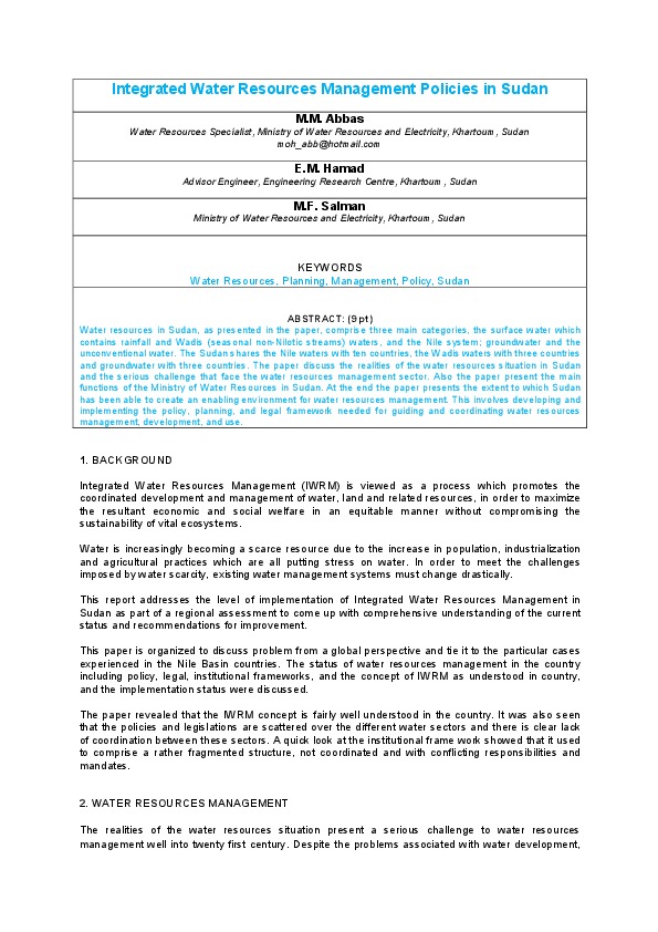 Integrated Water Resources Management Policies in Sudan