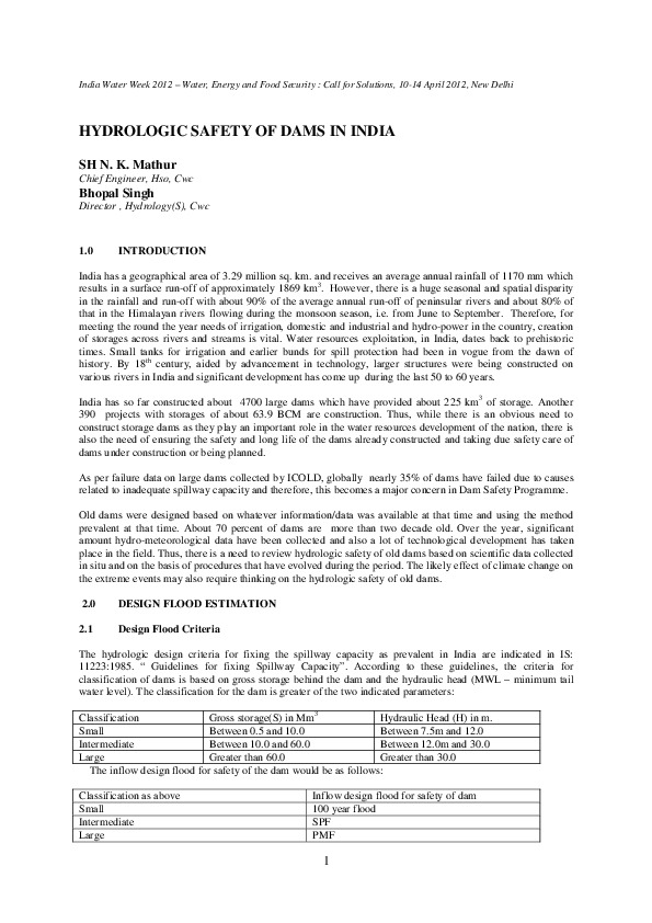 Hydrologic Safety of Dams in India