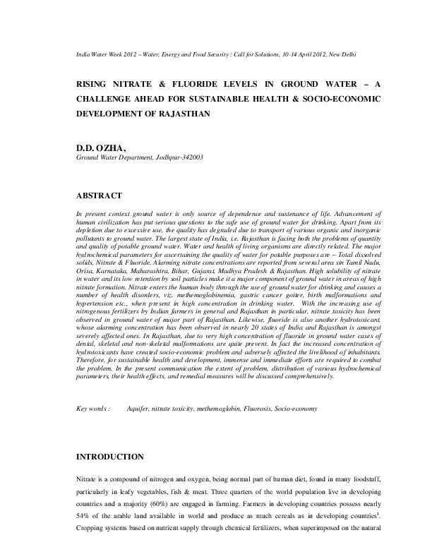 Rising Nitrate & Fluoride Levels in Ground Water - A Challenge Ahead for Sustainable Health & Socio-Economic Development of Rajasthan