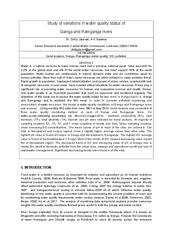 Study of variations in water quality status of Ganga and Ramganga rivers