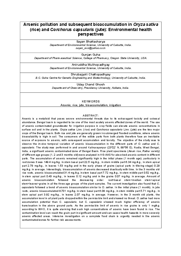 Arsenic pollution and subsequent bioaccumulation in Oryza sativa (rice) and Corchorus capsularis (jute): Environmental health perspectives