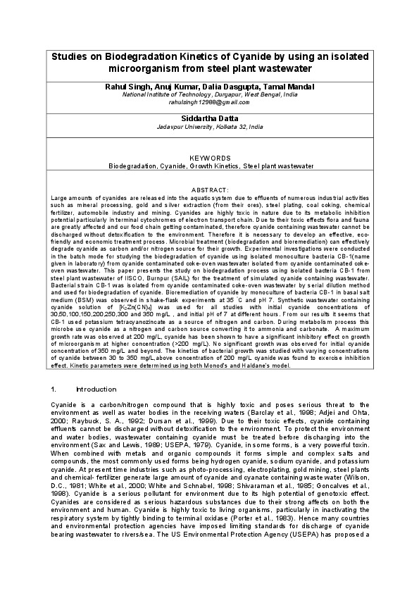 Studies on Biodegradation Kinetics of Cyanide by using an isolated microorganism from steel plant wastewater