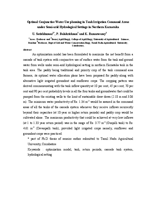 Optimal Conjunctive Water Use planning in Tank Irrigation Command Areas under Semi-arid Hydrological Settings in Northern Karnataka