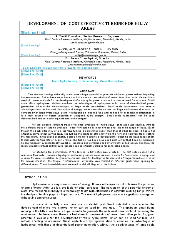 DEVELOPMENT OF COST EFFECTIVE TURBINE FOR HILLY AREAS