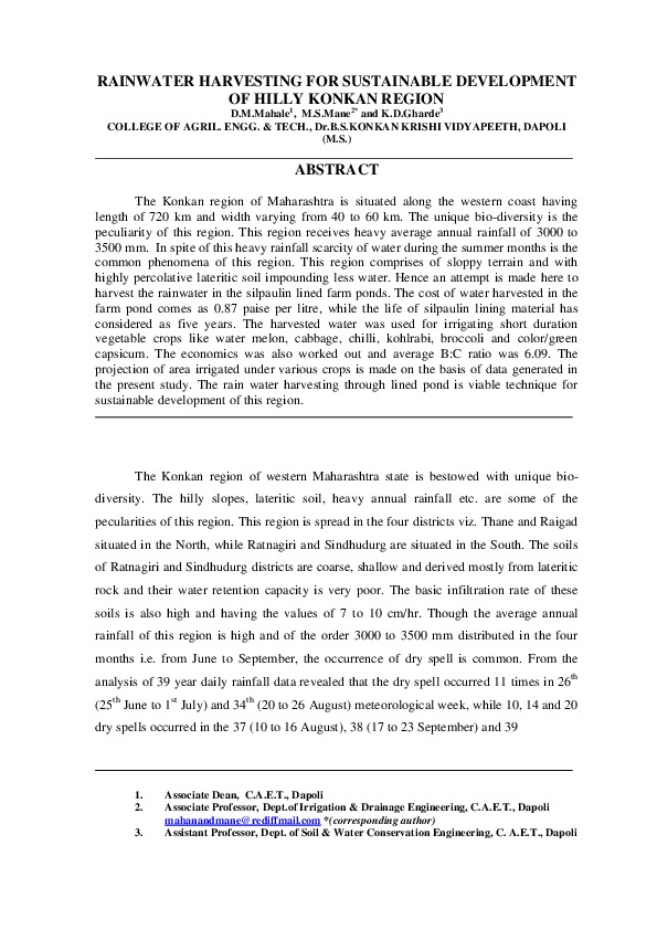 Rainwater Harvesting for Sustainable Development of Hilly Konkan Region