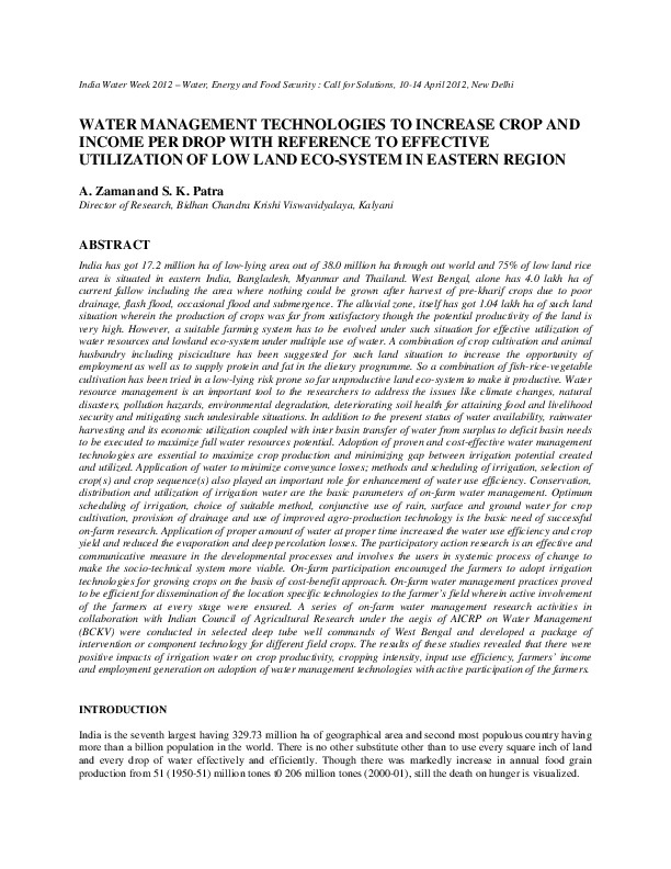 Water Management Technologies to Increase Crop and Income Per Drop with Reference to Effective Utilization of Low Land Eco-System in Eastern Region