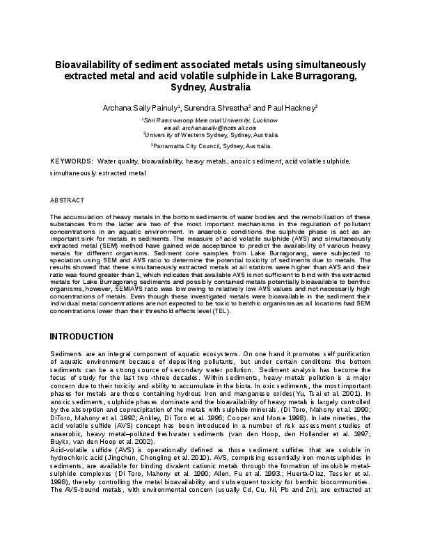 Bioavailability of sediment associated metals using simultaneously extracted metal and acid volatile sulphide in Lake Burragorang, Sydney, Australia