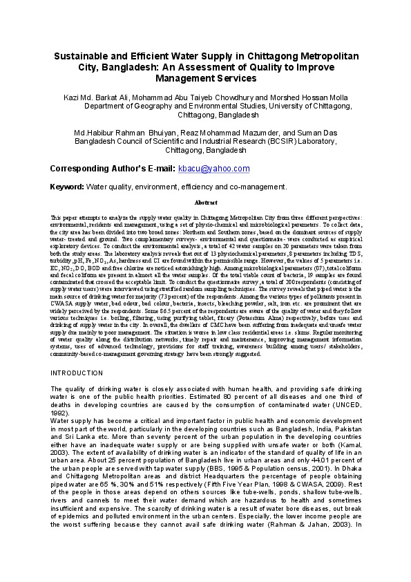 Sustainable and Efficient Water Supply in Chittagong Metropolitan City, Bangladesh: An Assessment of Quality to Improve Management Services