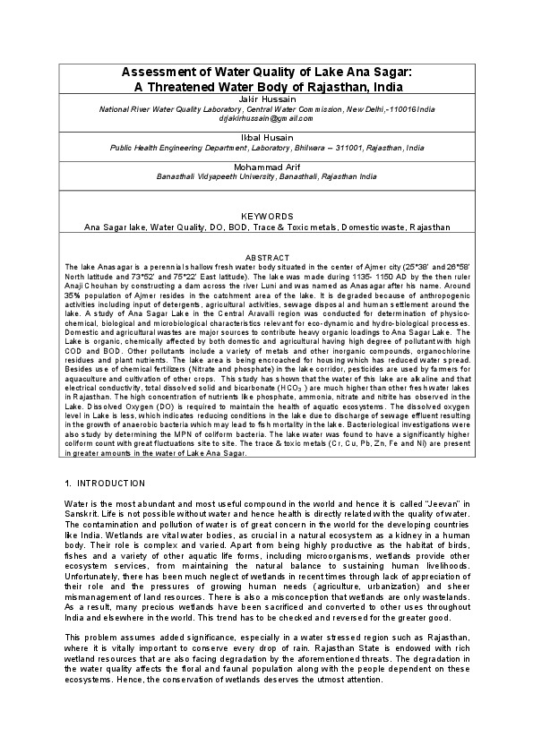 Assessment of Water Quality of Lake Ana Sagar: A Threatened Water Body of Rajasthan, India