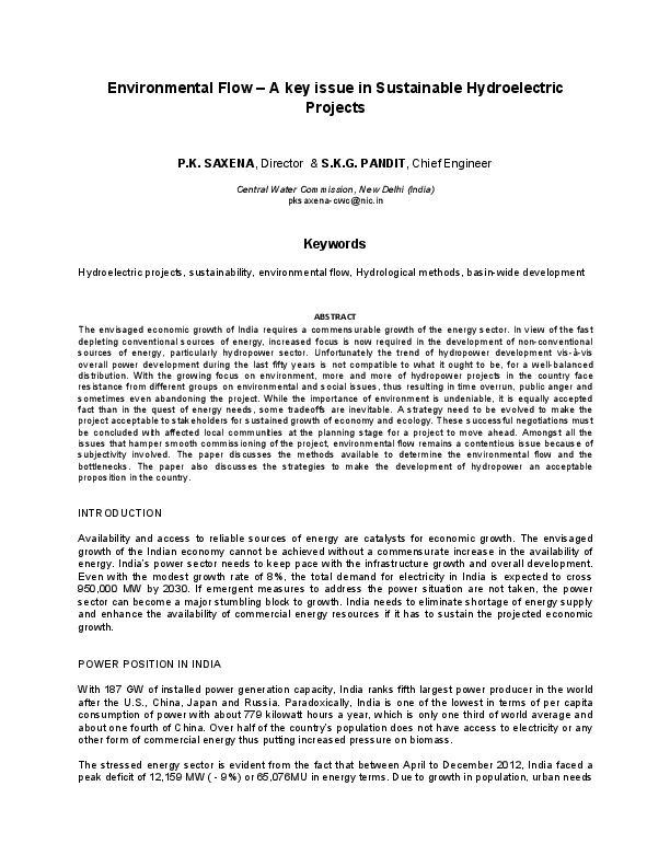 Environmental Flow – A key issue in Sustainable Hydroelectric Projects