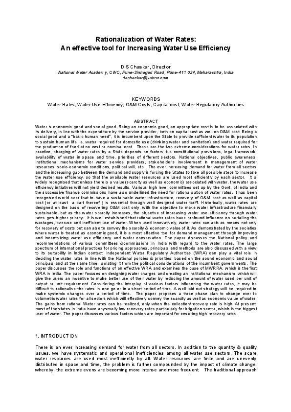 Rationalization of Water Rates: An effective tool for Increasing Water Use Efficiency