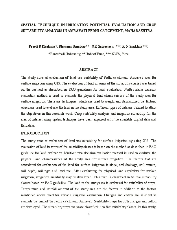SPATIAL TECHNIQUE IN IRRIGATION POTENTIAL EVALUATION AND CROP SUITABILITY ANALYSIS IN AMRAVATI PEDHI CATCHMENT, MAHARASHTRA