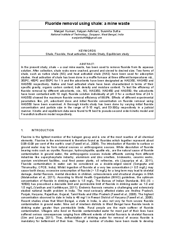 Fluoride removal using shale: a mine waste